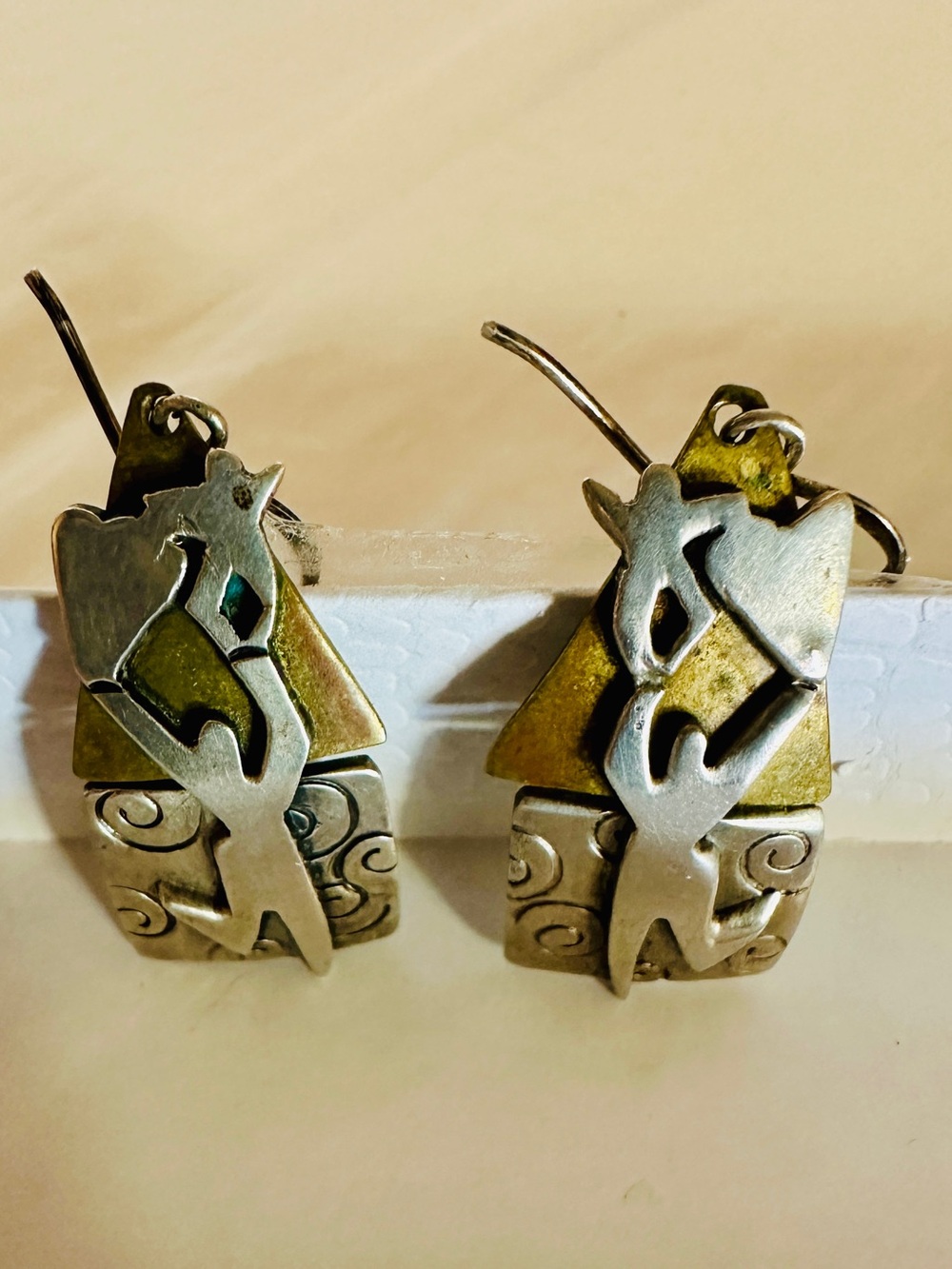 VTG 90’s Far Fetched Mother Child Dangle Earrings-Signed Mixed Metal